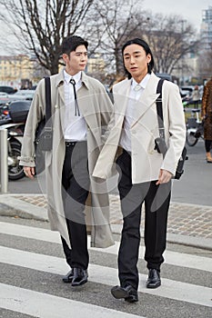 Taiki Takahashi and Noah Lee before Prada fashion show, Milan Fashion Week street style