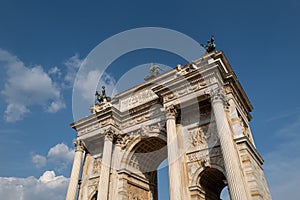 Milan, Italy - June 2023: The iconic monument, Arco della Pace in Sempione's park