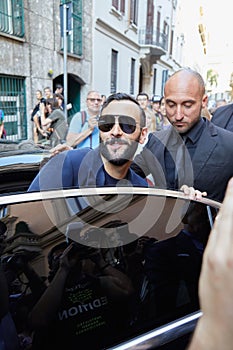 Singer Marco Mengoni before Giorgio Armani fashion show, Milan Fashion Week street style