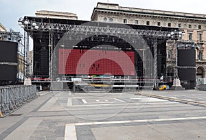 MILAN, ITALY -JUNE 12, 2018: Structure ready for a concert in `Piazza Duomo` in Milan