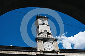 MILAN, ITALY - JUNE 17, 2016: View of big clock on Piazza dei Mercanti (market square, former city centre in the Middle Ages), photo