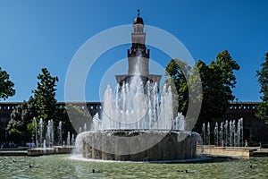 Milan, Italy - 30 June 2019: View of Fountain Piazza Castello