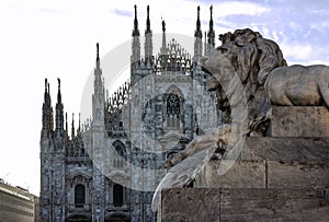 Milan, Italy. Milano Duomo square architecture, Piazza Duomo, lion sculpture