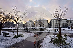 Milan, Italy: the modern Citylife park with snow