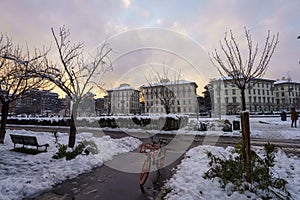 Milan, Italy: the modern Citylife park with snow photo