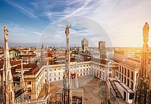 Milan, Italy panorama. View from Milan Cathedral at sunset