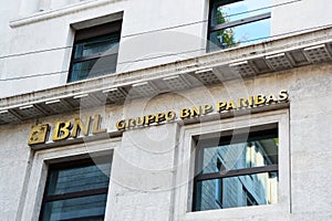 MILAN, ITALY - SEPTEMBER 7, 2017: BNL signboard in MIlan. Banca Nazionale del Lavoro is an Italian bank headquartered in Rome.