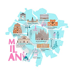 Milan map, buildings of world famous places. Italy. Cartoon doodle art for design. Traditional symbols full color vector
