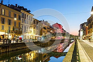 Milan Navigli Milano restaurant and bar district travel traveling holidays vacation town blue hour in Italy photo