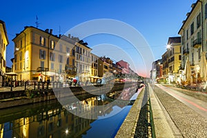 Milan Navigli Milano restaurant and bar district travel traveling holidays vacation town blue hour in Italy photo