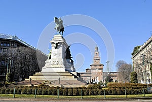 Milan old Italian town medieval buildings urban panorama cityscape architecture details history monument Giuseppe Garibaldi backgr