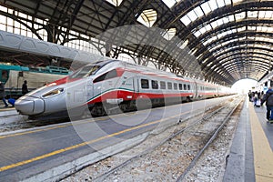 A high-speed train stoped in Milano's main train station