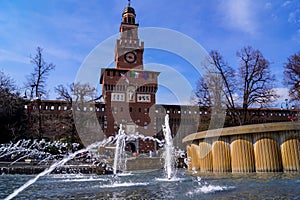 Milan - Scenic view of Corner tower of Sforza Castle (Castello Sforzesco) in the historic city center of Milan