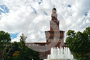 Milan Sforza Castle fort in Italy Lombardy including fountain