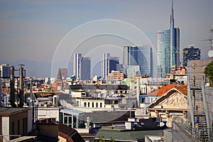 Milan skyline with modern skyscrapers in Porto Nuovo business district, Italy. Panorama of Milano city for background