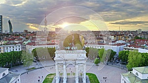 Milano city aerial view from flying drone sunny beautiful sights urban plaza Arco della pace triumphal classical arch