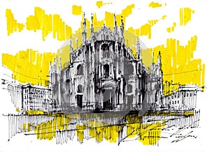 Milano Duomo Cathedral hand drawn ink illustration