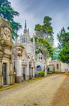 MILANO, ITALY, JANUARY 2, 2018: View of tombs and graves inside of the Cimitero monumentale in Milano, Italy