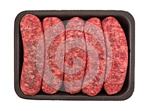 Mild bratwurst sausages in a black tray