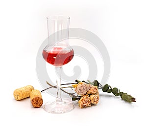 Mild Dry sweet rose pink wine in a small tasting glasses isolated on white background. For winery, bar or restaurant degustation