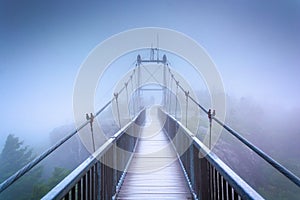 The Mile-High Swinging Bridge in fog, at Grandfather Mountain, N