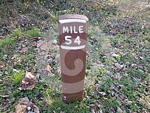 mile marker 54 or post in ground with grass