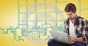 Milennial man with laptop against yellow and blue hand drawn office