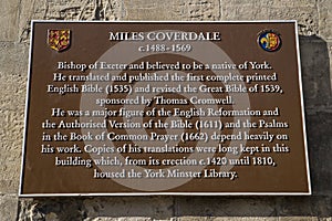Miles Coverdale Plaque in York