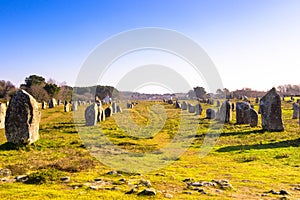 Miles long megalithic stones alignement in Carnac, Brittany