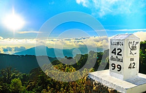 Milestone at the roadside with mountain landscape