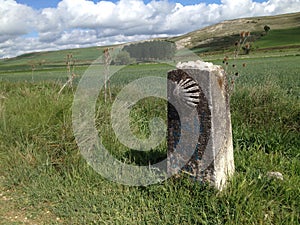 Milestone with the symbol of the camino de Santiago de Compostella