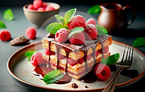Milfey with raspberries poured with chocolate lies on a plate