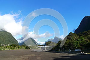 Milford Sound Airfield in New Zealand's Fiord land region of the South Island