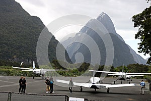 Milford Sound airport and Mitre Peak New Zealand