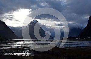 Milford Sound at low tide in winter sunset