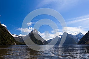 Milford Sound and Mitre Peak in Fjordland NP NZ