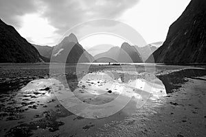 Milford Sound Mountains and Reflection in Black and White