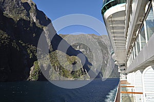 Milford Sound New Zealand from the baccony of a cruise ship