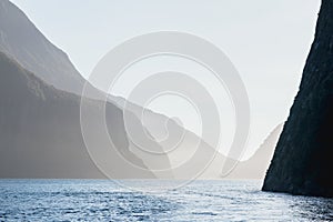 Milford Sound during sunset. Fiordland national park, South island, New Zealand