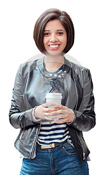 miling young latin hispanic girl woman with short dark black hair bob holding cup of coffee tea isolated on white background