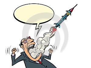 A militarist politician with missiles talks about the need for war. The weapon flies out of the person