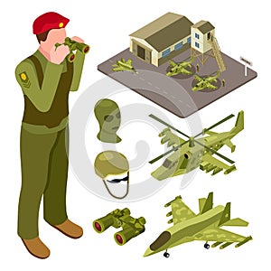 Military air force base isometric with helicopter, fighter aircraft, soldiers vector illustration