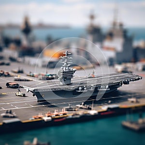 Military Aircraft Carrier Docked at Port with Cargo Ships in Background