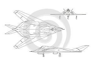 Military aircraft. Contour drawing of war plane. Top, side and front