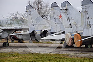 Military aircraft fighters at the airport. Old decommissioned aircraft. Krasnodar airfield.