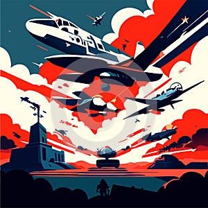 Military aircraft flying in the sky. Vector illustration in retro style. Generative AI