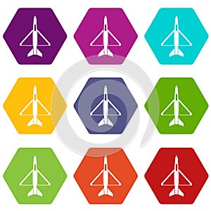 Military aircraft icon set color hexahedron