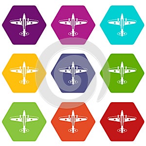 Military aircraft icon set color hexahedron