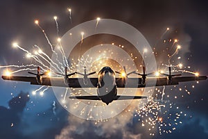 A Military Aircraft Releases Flares In A Dazzling Display Of Lights Against The Twilight Sky