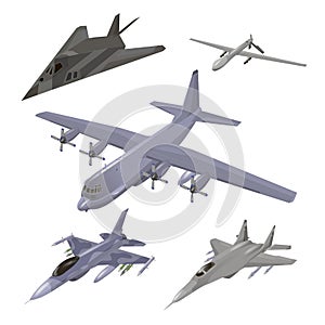 Military aircraft set. Fighter jet, F-117 Nighthawk, interceptor, cargo airplane, spy drone illustrations set isolated.